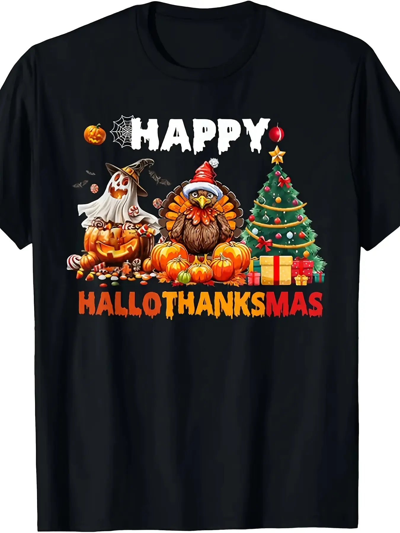 Men'S  Women'S Funny Hallothanksmas T-Shirt - Fami unisex soft cotton short sleeve t shirt, vintage graphic casual tee for men women teens, perfect birthday holiday gift for camping travel gym daily street  wear