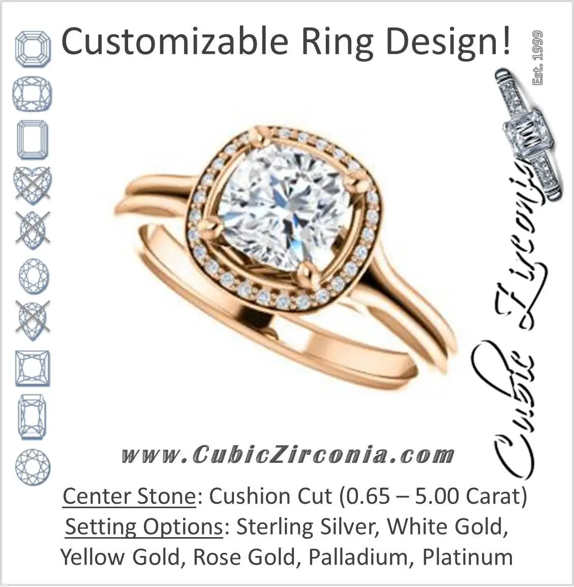 Cubic Zirconia Engagement Ring- The Jaci (Customizable Cathedral-set Cushion Cut Design with Split-Band and Halo Accents)
