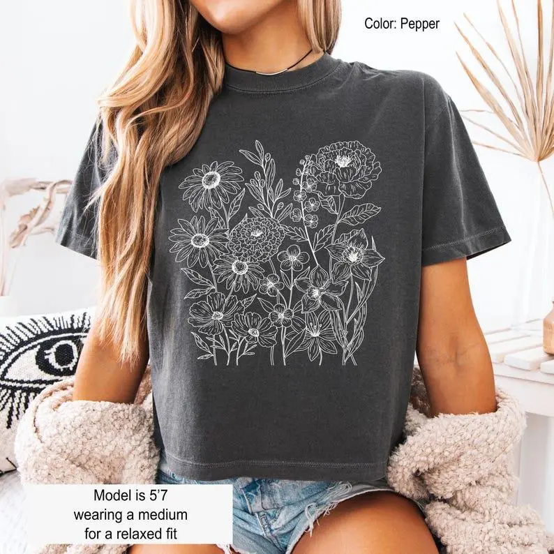 Wildflower Boxy Top – Comfort Colors Boho Floral Graphic, Summer Aesthetic Style