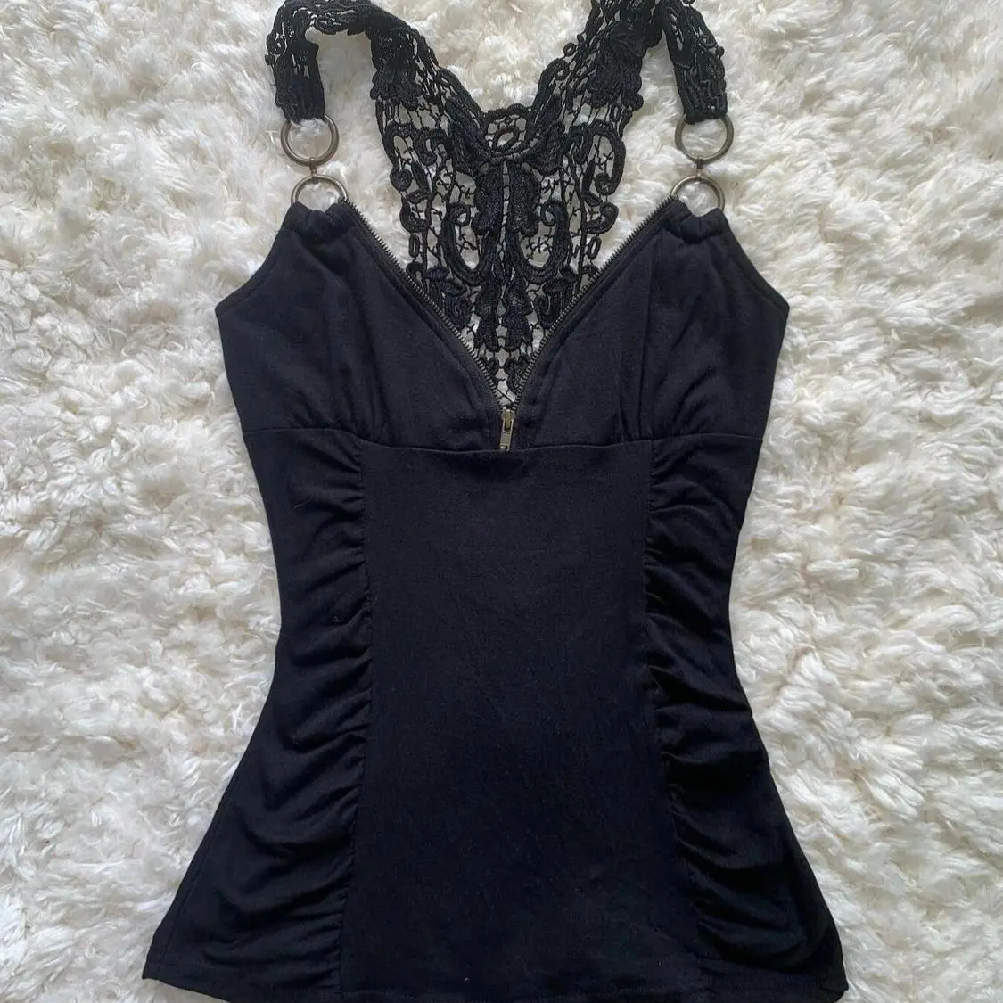 TOP American retro Vintage hot girl pure cotton lace camisole niche design zipper slim fit top