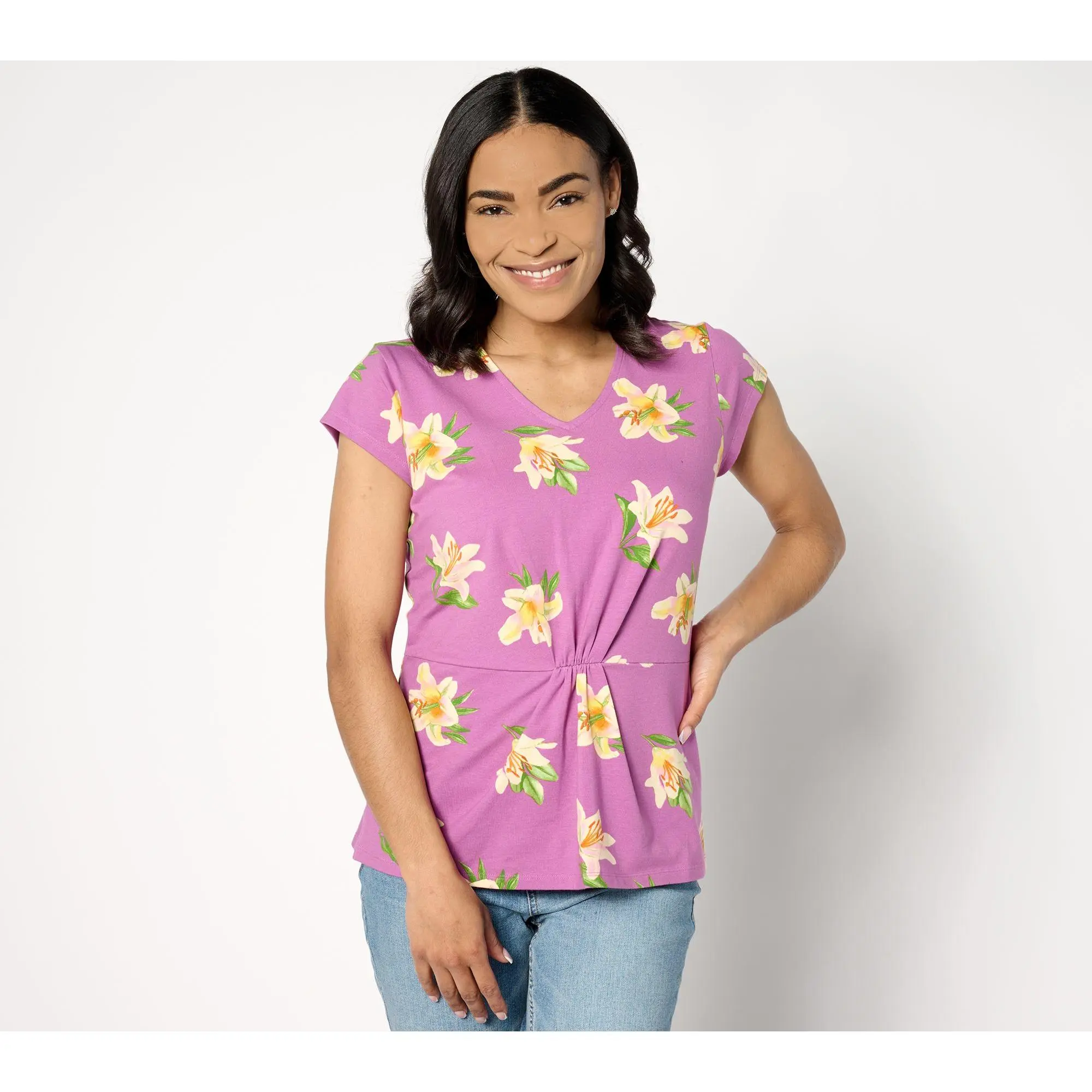 Denim & Co. Favorite Jersey Printed Floral V-Neck Cap Sleeve Top