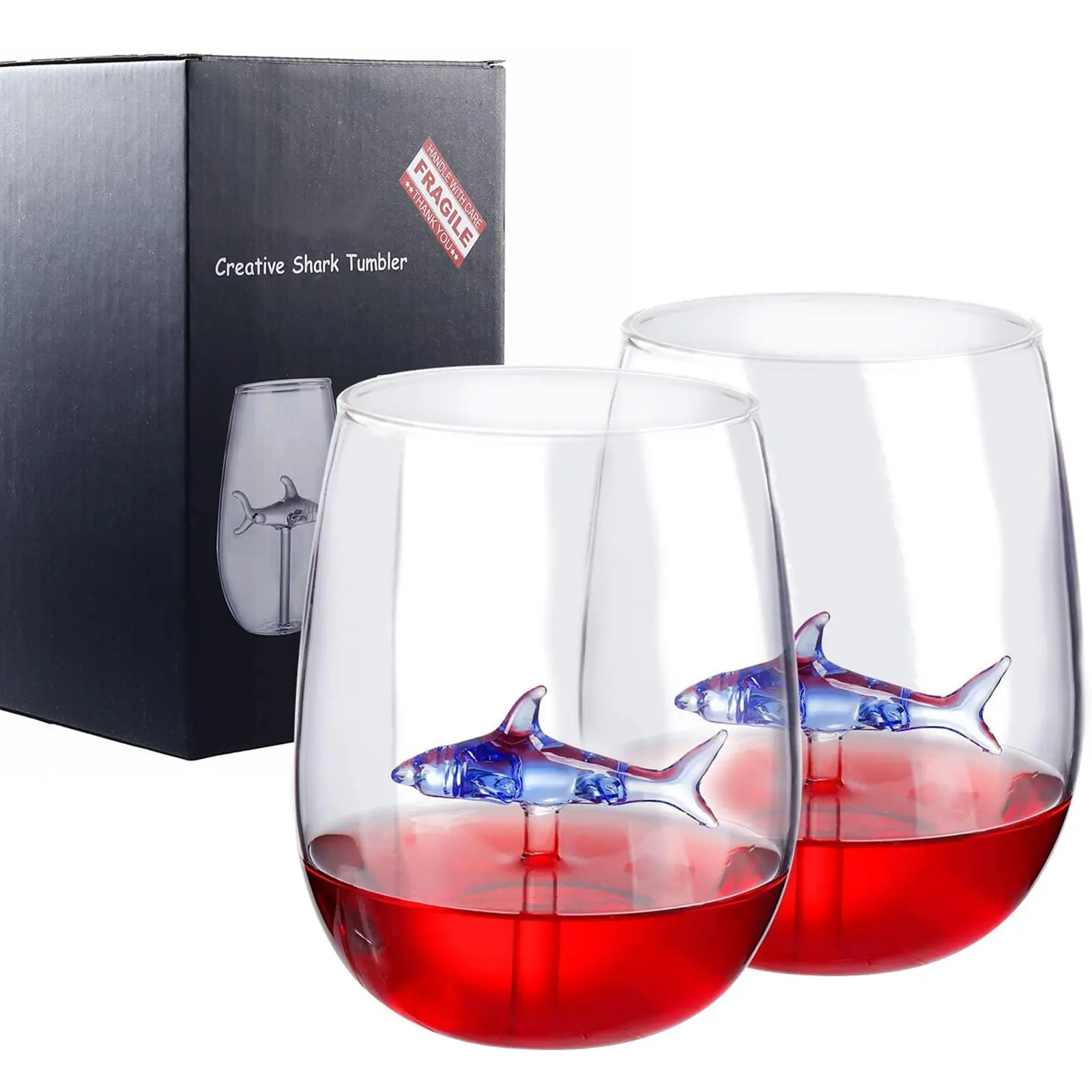 Shark Wine Glass, Personalized Set of 2 Shark Wine Glasses with Shark Inside, Unique Crystal Nice Wine Glasses for Party Valentines Day Women
