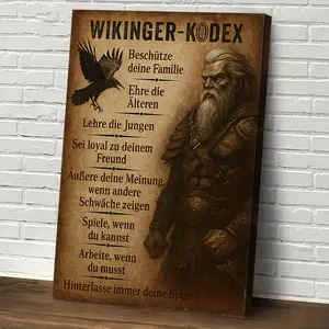 2D Flat 1pc Viking Code Wooden Framed Canvas Wall Art - Vintage Norse Decor with German Text & Viking Laws, Regenerated Wood Frame, Hook-Mounted Historical Theme Artwork for Living Room, Study, Office, Elegant Typography