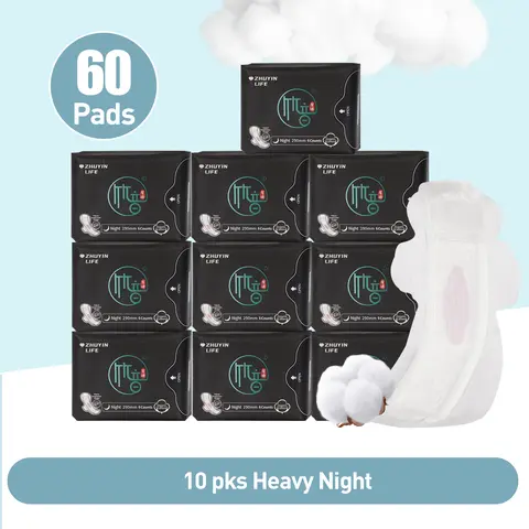 10 Packs/60 Count Zhuyin Night Sanitary Napkin, Organic Cotton Super Absorbency Menstrual Pads with Wings for 290mm Longer Night Pads, Unscented for Heavy Flow