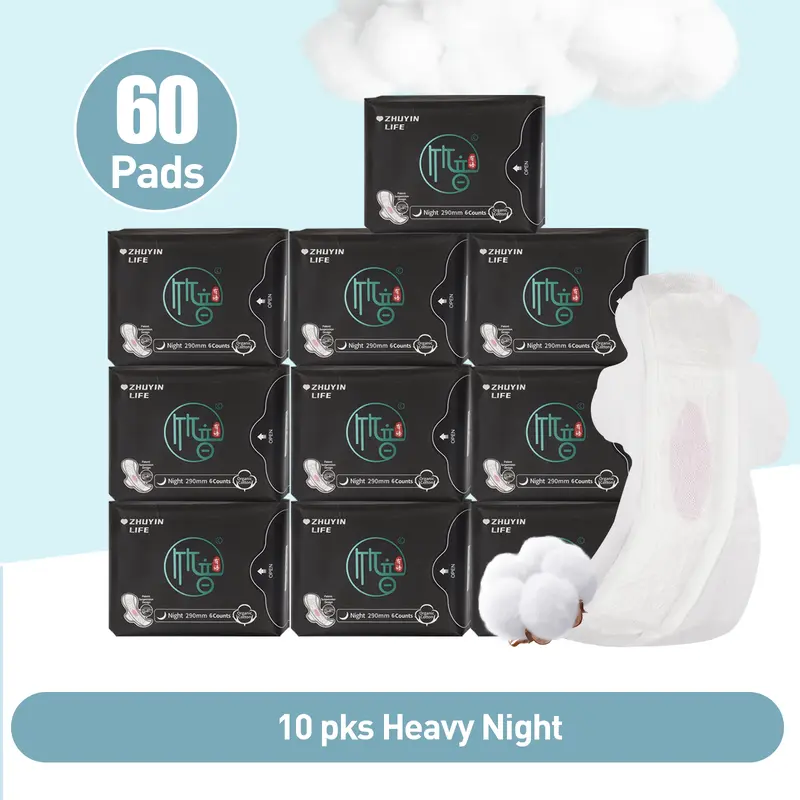 10 Packs/60 Count Zhuyin Night Sanitary Napkin, Organic Cotton Super Absorbency Menstrual Pads with Wings for 290mm Longer Night Pads, Unscented for Heavy Flow