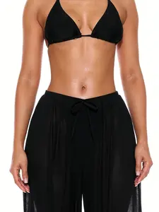Semi-Transparent Chiffon Beach Pants, Sexy Hollow Out Wide Leg Long Pants, High Waist Elastic Waistband, Summer Swimwear Sheer Cover Up/homewear
