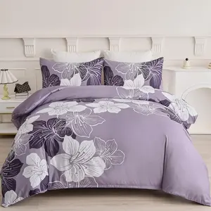 3 count Purple Floral  Bedding Set Duvet Cover  Size Soft Microfiber Duvet Cover with 2 Pillow Shams Breathable Bedding Comforter Cover Set with Zipper Ties(90"x 90")