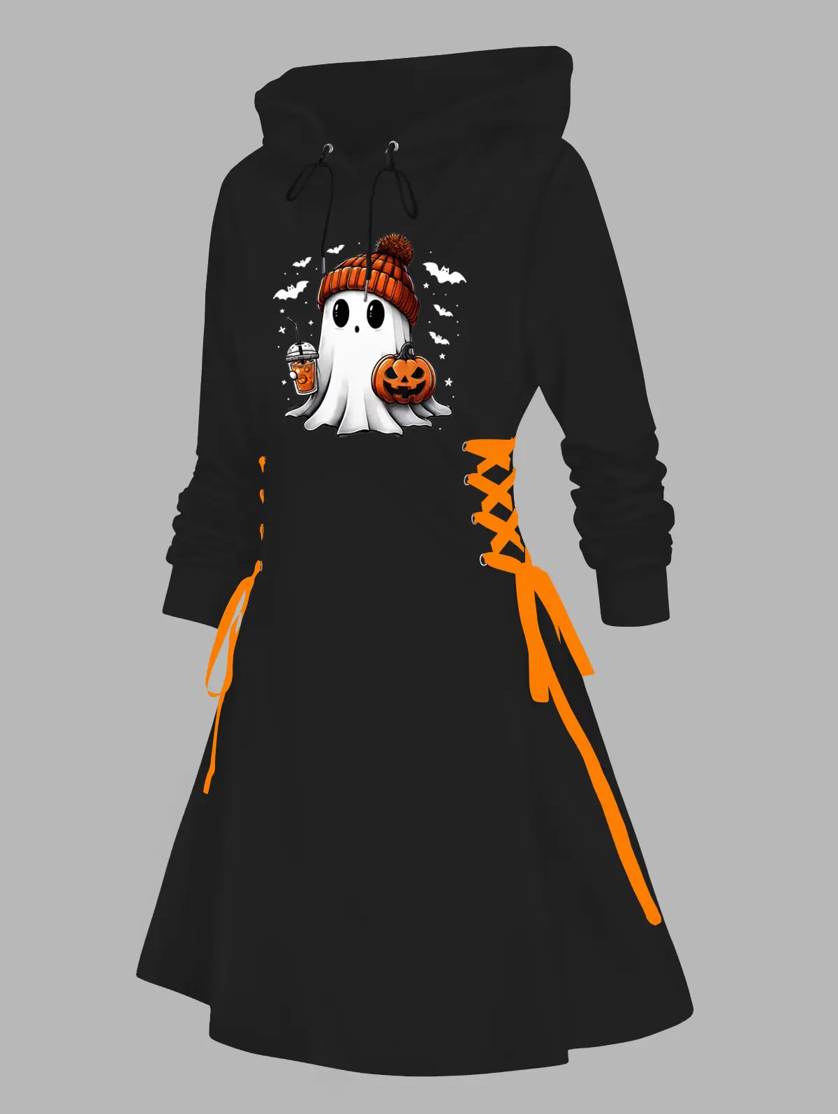 DRESSLILY 2025 Women's Gothic Hoodie Dress Ghost Pumpkin Print Lace Up  Drawstrings Mini Dress Long Sleeve Fall Winter Dress - TikTok Shop