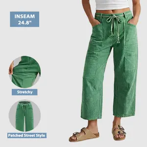 Flamingals Drawstring Patched Mid Waist Barrel Leg Crop Pants Womenswear Stretchy 24.8" Inseam