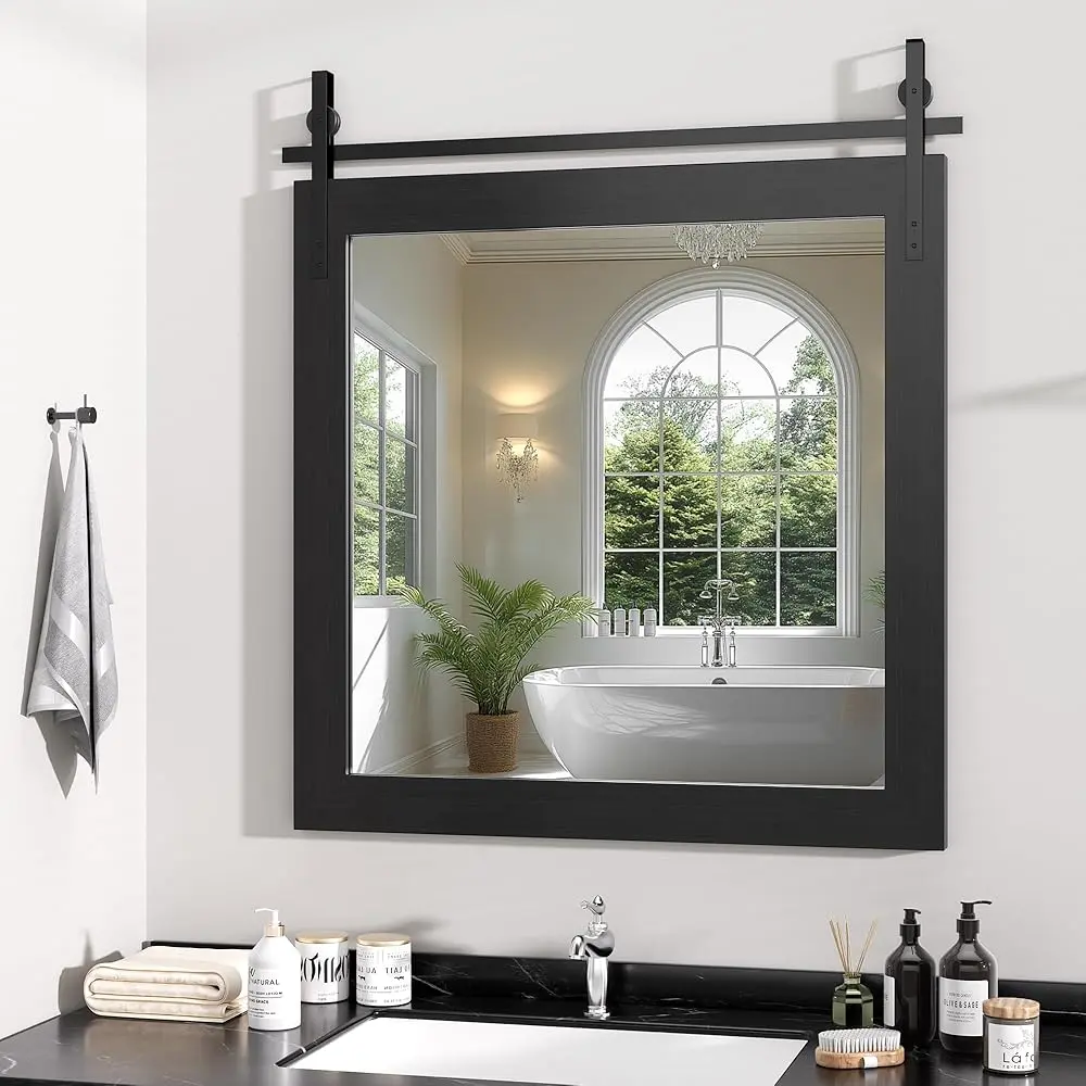 Hasipu Rustic Engineered Wood-Framed Rectangle Bathroom Mirror - Wall-Mount Vintage Vanity Barn Door Decor, Unique Wood Grain, Black Metal Brackets, High Def Reflection, Scratch Resistant Bathroom Fixtures (24x36in, 40x26in, 22x30in)