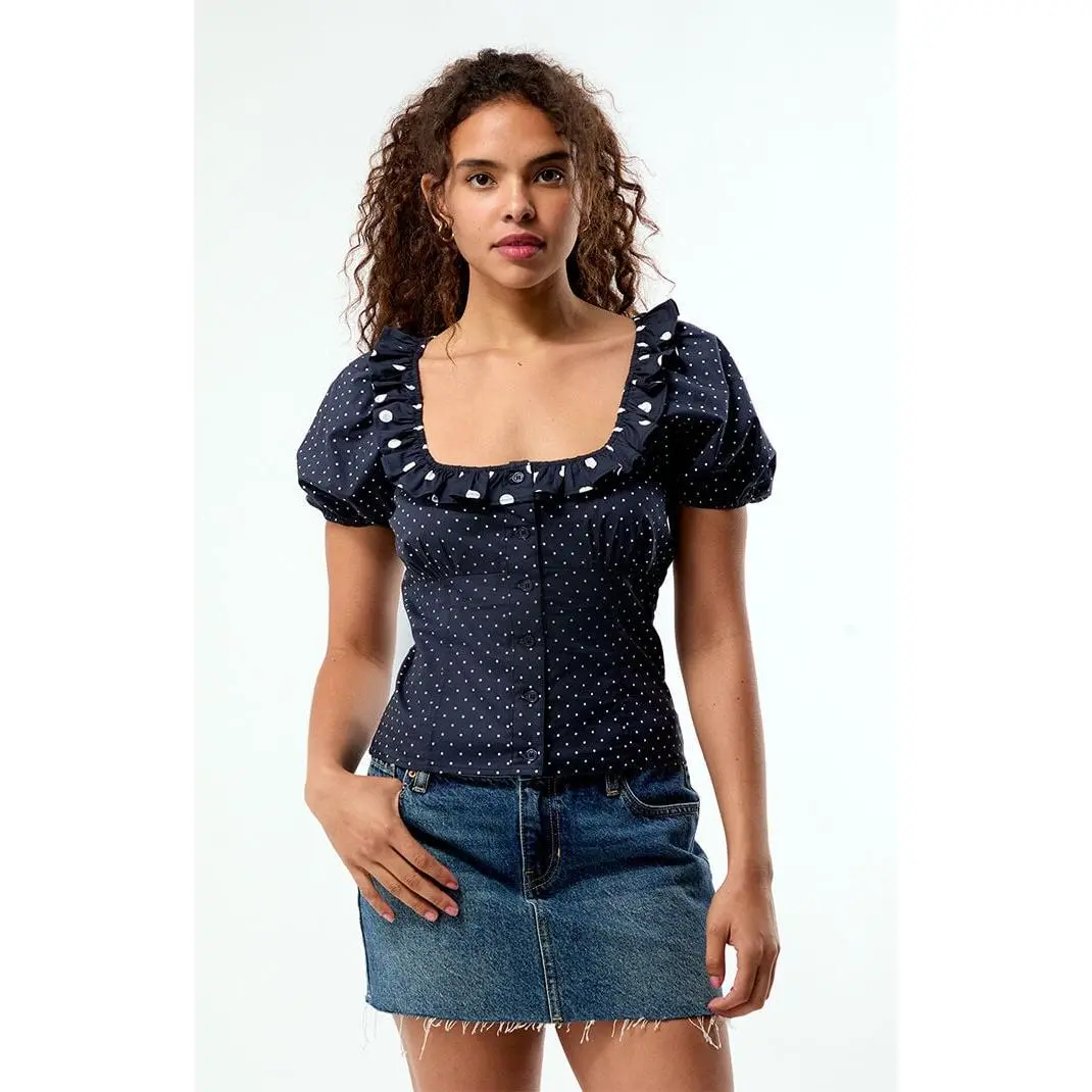 WEWOREWHAT Women's Polka Dot Ruffle Button Up Top