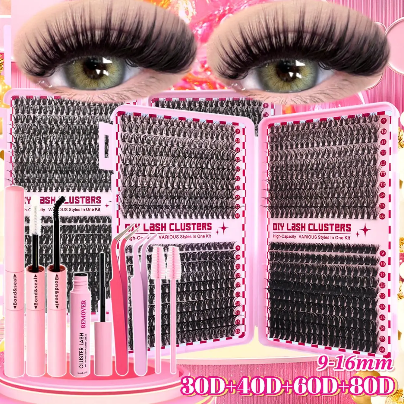 Individual False Eyelashes Kit, 1 Set Natural Look & Long Lasting & Soft Eyelash Extension Kit with Makeup Tools Bond and Seal, Eyelash Fixer, Eyelash