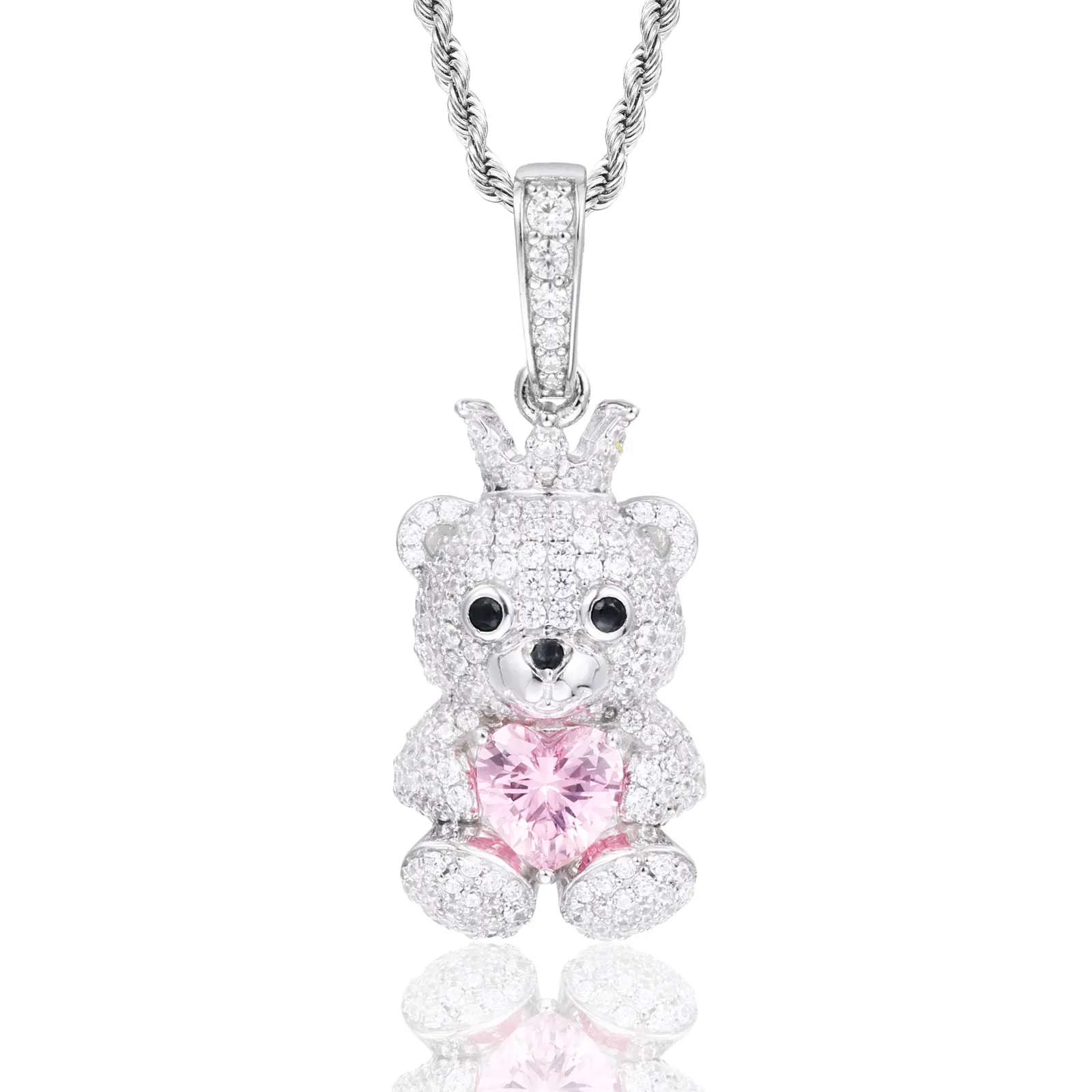 UCCIYO Crown Bear Jewellery Pendant P893 - Iced-Out Pink Heart, Lab-Created Moissanite, S925 Sterling Silver Unisex Necklace for Engagement, Anniversary, Wedding Party Gift, Central Pendant, Female