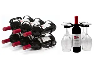 Mango Steam Steel Wine Rack and Stemware Holder Gift Set - Tabletop Design - Holds 6 Bottles and 4 Glasses