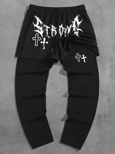 Men's Lightweight Casual Long Pants, Letter Print Design, Adjustable Drawstring Waist, Loose Fit for Active Lifestyle.Vuori