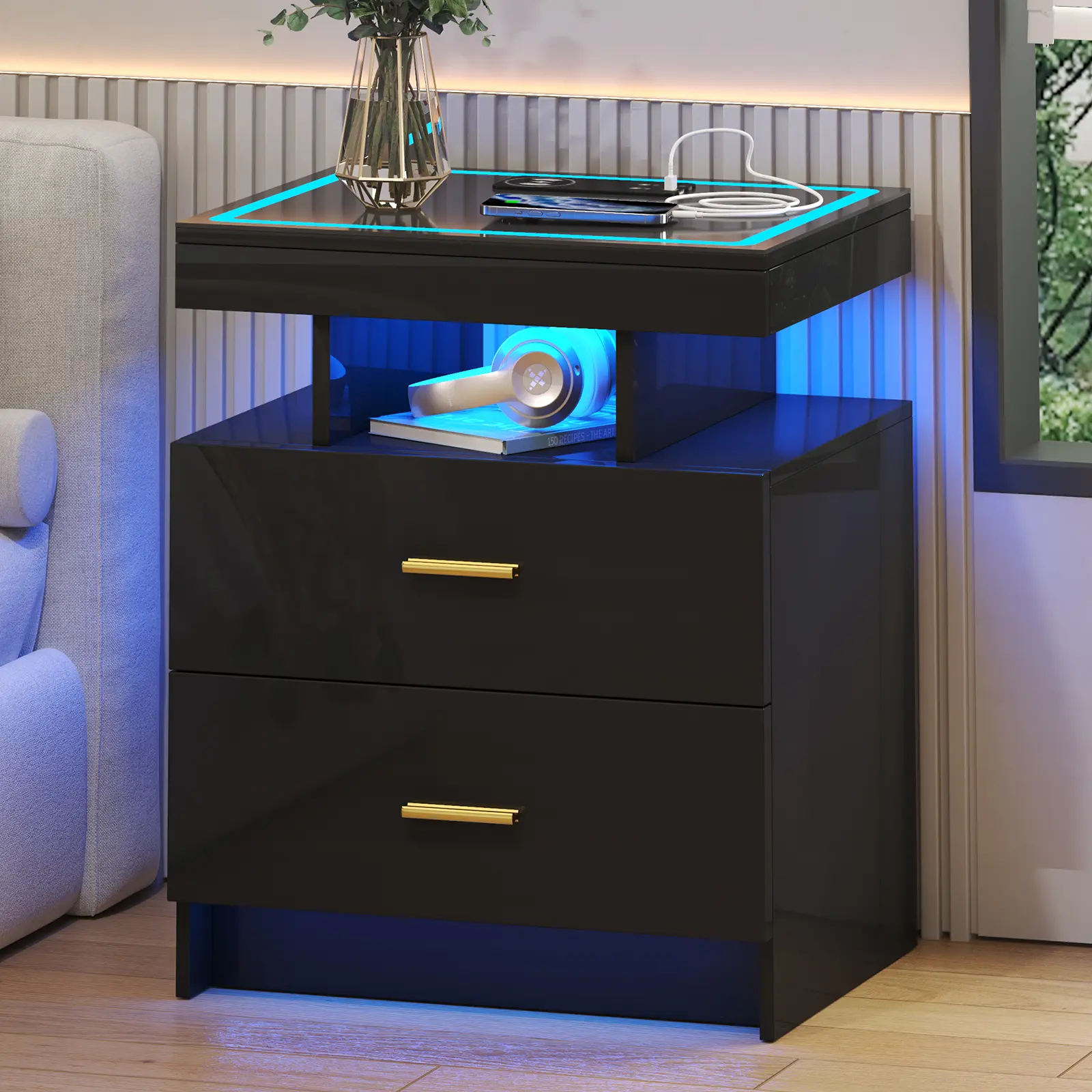FREDEES LED Smart Nightstand with Charging Station (USB, Type-C Ports, Wireless Charging) - High-Gloss MDF 2 Sliding Drawers Assembled Flat Top Contemporary Look Bedroom Indoor Furniture with Auto Sensor Lights