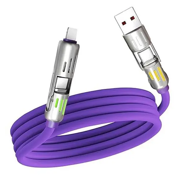 5FT Purple 4-in-1 Multi Charging Cable - USB A, USB C & Lightning Connectors, Breathing Lights, Fast Charger for Smartphones, iPhones, Samsung Devices, Smartphone, Breathes Lights