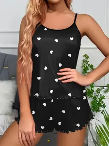 Women's Heart Print Spaghetti Strap Cami Top & Shorts Pyjama, Sexy Comfy Loungewear Set for Women, Women's Sleepwear for Summer, Lingerie, Pajama Set
