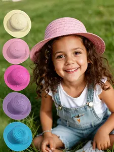 1PC Handmade Panama Straw Hat, Bohemian Style Beach Hat, Flat Brimmed Hats, UV Protection Sun Hat, Casual Daily Wear for Kids Ages 3-8