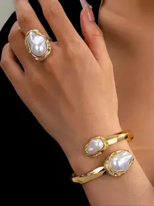 Elegant Pearl Jewelry Set, Vintage Luxury Fashion Bracelet Ring Pair, Perfect Gift for Friends, Daily Wear & Parties