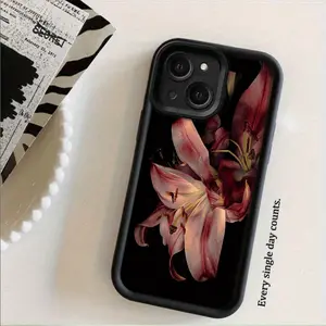 A TPU Phone Case with a Pink Lily Pattern, Compatible with Iphone 16 Pro Max, Iphone 14, 13 Pro Max, 12, 11, X, XR, XS Max, Featuring Durable Shockproof Corners And Full Coverage with High Aesthetics.