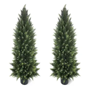 4FT Artificial Cedar Topiary Trees (2-Pack) - UV Protected Faux Pine Christmas Trees for Porch & Garden, Realistic Tall Potted Fake Plants, Ideal Housewarming for Home Decor