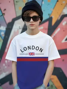 Boys London Theme Patchwork T-Shirt, British Style Short Sleeve, City Wind Top, Casual Slim-Fitting, Random Print, Short Length