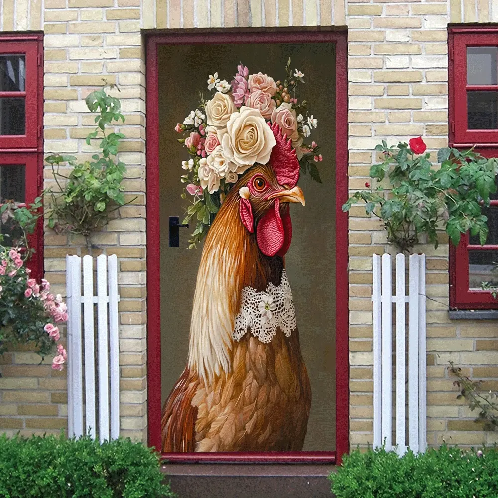2pcs Vintage Pastoral Style Flower Rooster Decorative Wall Stickers Creative Home Entrance Bedroom Living Room Background Wall Self Adhesive Wall Sticker PVC Removable Decorative Stickers Cartoon Animal