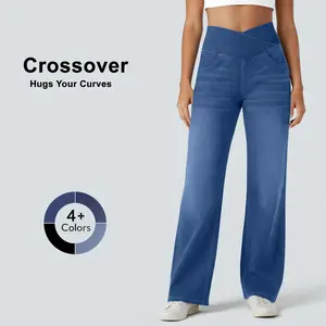 FireSwan Women's Greenish 2026 Crossover High-Waisted Tummy Control Jeans, Casual Straight Wide-Leg Denim Clothes with Pockets for Outdoor Fun #TikTokShopSpringGlowUp