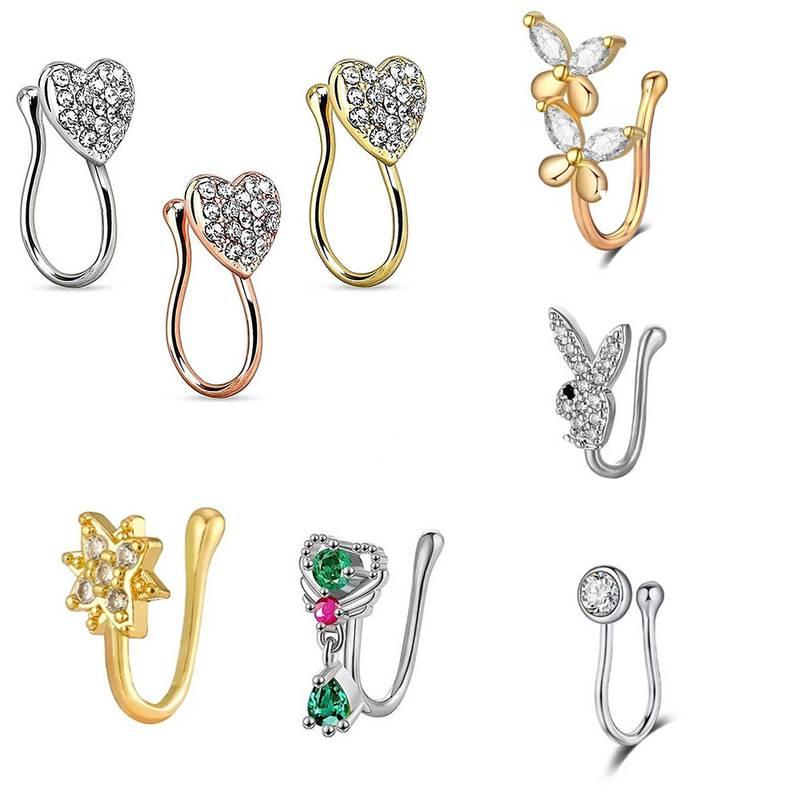 Random 10pcs Nose Clip and Stud Set with Copper Synthetic Zirconia U-Shaped Heart Crown Butterfly Five-Pointed Star Nose Rings,  Ideal for Party and Festival Celebrations