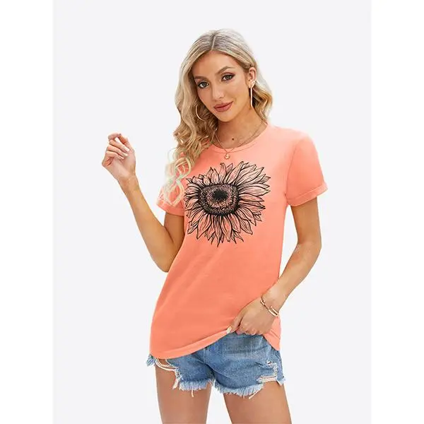 Cicy Bell Women's Short-Sleeve T-Shirts - Sunflower Graphic, Loose, Casual, Fitted Elastane Summer Tops for Valentine's Day