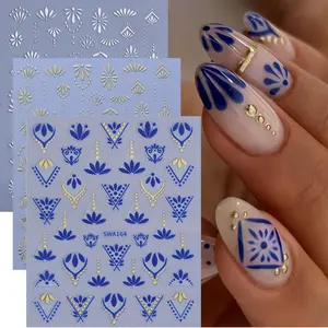 Bohemian Pattern Nail Art Stickers, Golden & Silvery Color Blue Design Nail Decals, DIY Manicure Decorations, 3 Sheets