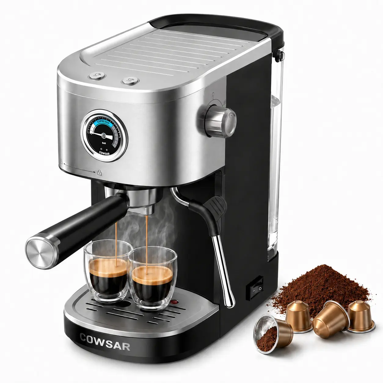 COWSAR 20-Bar Semi-Automatic Espresso Machine with 1500W Power, Fast Heating (Brew Ready in 5s), 3s Instant Steam for Steam Milk, Built-in Pressure Gauge, 52mm Portafilter, Powder & Capsule Compatible, for Cappuccino, Latte, Home Users