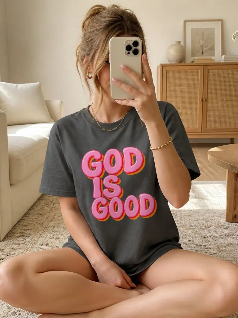 Women Premium Bubble Letter Graphic Tee, Soft 100% Cotton Relaxed Fit Short Sleeve Top Crew Neck, Durable 3D Glossy Pink Retro Text Printed T-Shirt for Women Street Casual Office Home Outdoor Daily Outfits
