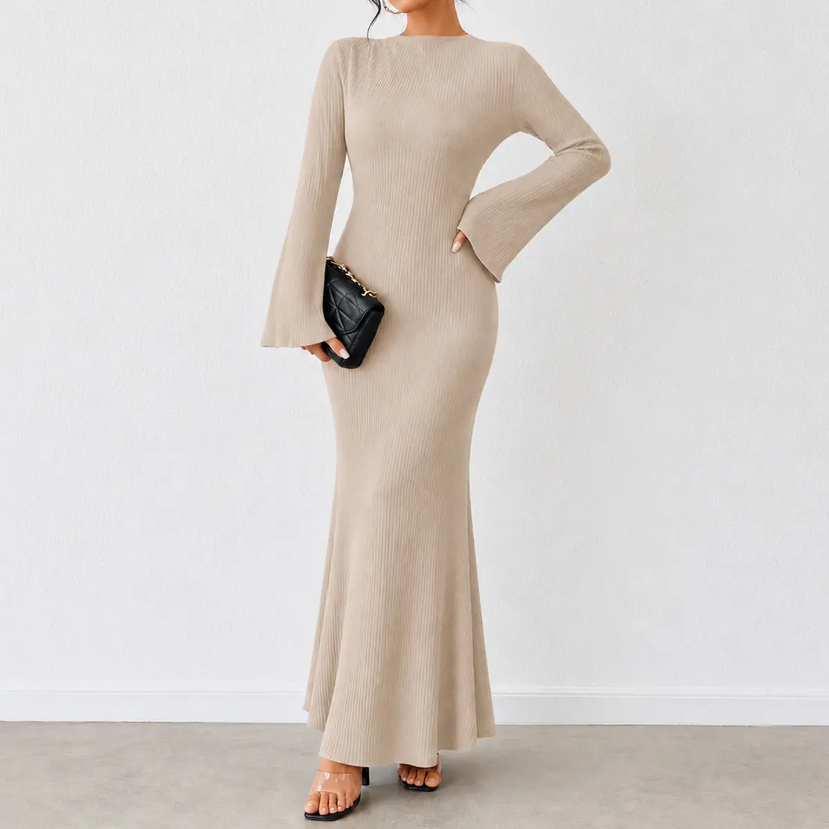 Arssm Women’s Long Sleeve Maxi Dress – Crew Neck Bodycon Ruched Cocktail Party Dress, Elegant Formal Fall Wedding Guest Dress 2026