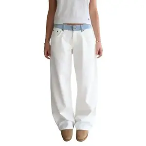 White Jeans with Blue Stripes Waistband With Poppers at the Side of the Waistband Straight Cigarette Pants Loose and Comfortable Women's Bottoms Can be used with raincoat