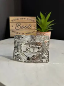 Western Praying Cowboy Belt Buckle - Decorative Silver Buckle with Cowboy Design and "KICK OFF YOUR Boots" Text
