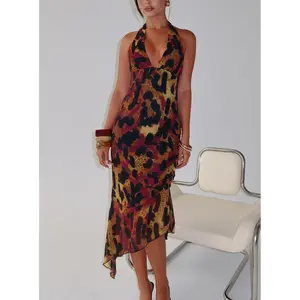 Katriona Halter Asymmetrical Maxi Dress Leopard Multi