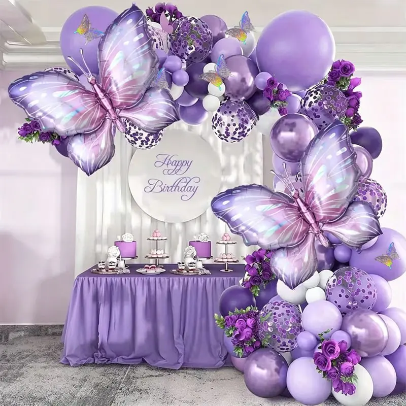 137 Piece Butterfly Theme Balloon Arch, Includes Latex, Metal, Glitter Balloons, Perfect for Birthday Parties, Weddings, Outdoor Events, Decoration, Birthday Decorations, Balloon Garland Kit