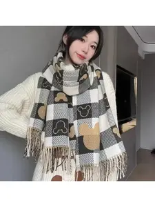 Double-sided knitted scarf for women, trendy bear design with heart pattern, winter Korean-style large shawl, versatile and warm thick cozy neck wrap.