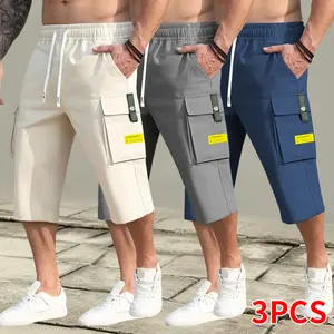 Men’s summer cargo shorts, loose fit, featuring an adjustable drawstring waist and multiple pockets; casual and versatile men’s shorts suitable for everyday wear, outdoor activities, workouts, running, and work commutes.