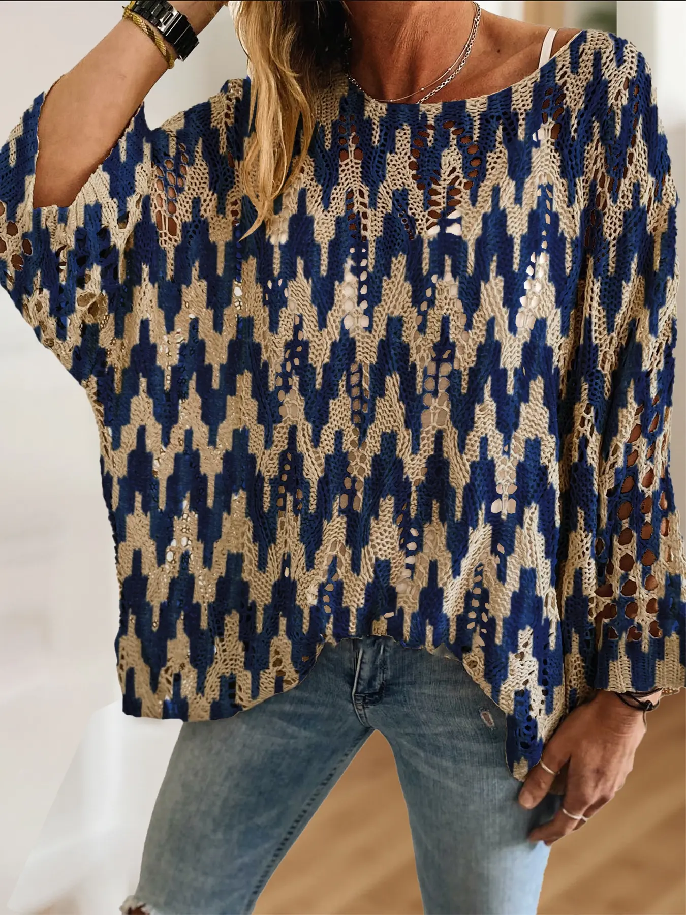 Women's Boho Geometric Print Knit Top, Lightweight Knitwear, Round Neck Long Sleeve, Casual Elegant Vacation Style, Comfortable Breathable Loose Fit, Knitwear