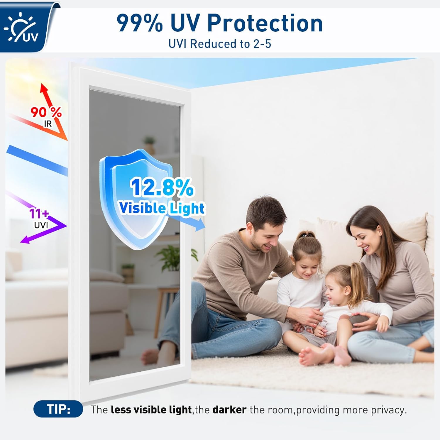 One Way Privacy Window Film with Tools, Window Tint Adhesive Shatterproof Film for Home, Premium PET Heat Control Daytime Reflective Mirror Coverings, Black, 17.5 x 78.7 Inch