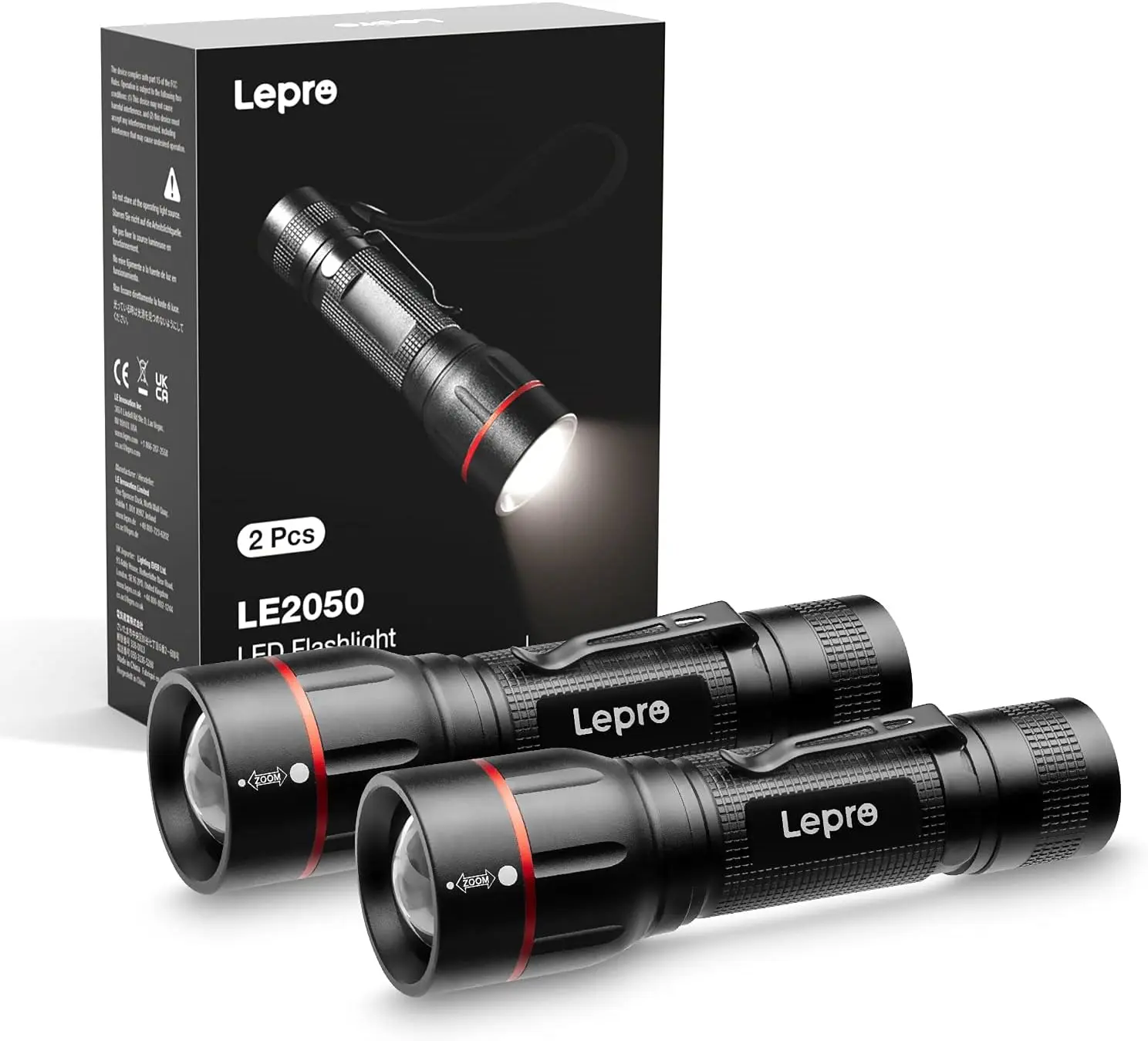 LEPRO LE2050 High-Lumen LED Lights 2-Pack - Adjustable Zoom Focus Aluminum Torches, Compact Clip-On, 5 Modes, Waterproof, Lightweight, AAA Battery-Powered, 18650 Battery Tube, Non-Rechargeable for Outdoor Camping