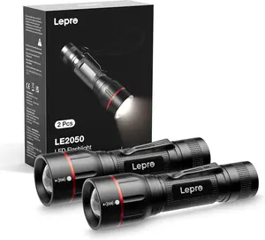Lepro LED Flashlight with Clip, LE2050 Flashlight High Lumens, 5 Lighting Modes, Zoomable, Waterproof, Lightweight Flashlights for Emergencies,Camping, Powered by AAA Battery, 2 Pack