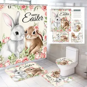 1/4pcsEaster Bunny Shower Curtain Set with Bath Mat & Toilet Cover - White & Brown Rabbits, Pink Flowers, 'HAPPY Easter' Script - Pastel Festive Bathroom Decor for Spring Celebration - Waterproof Shower Curtain