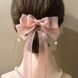 Soft Shimmer Ribbon Bow Hair Clip with Flowing Ties