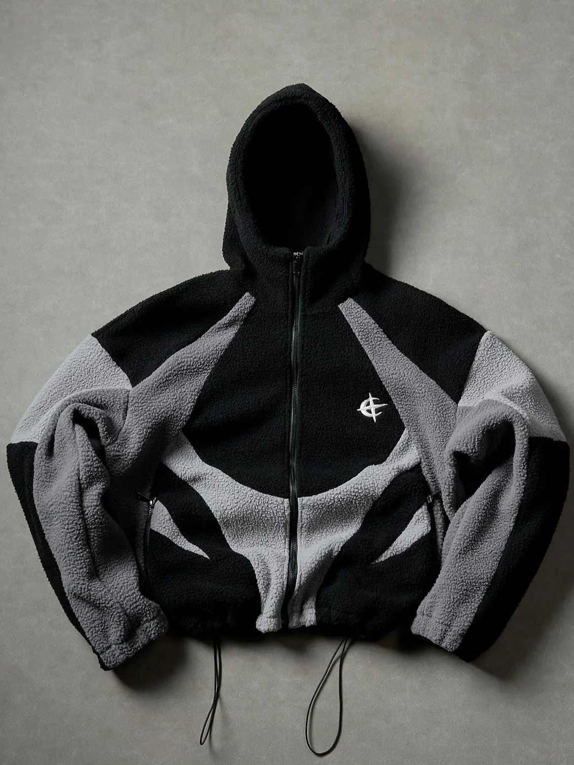 Men’s loose-fit color-block fleece jacket with drawstring hood and zipper closure, winter hooded fleece jacket with long sleeves and pockets, casual style suitable for everyday wear.