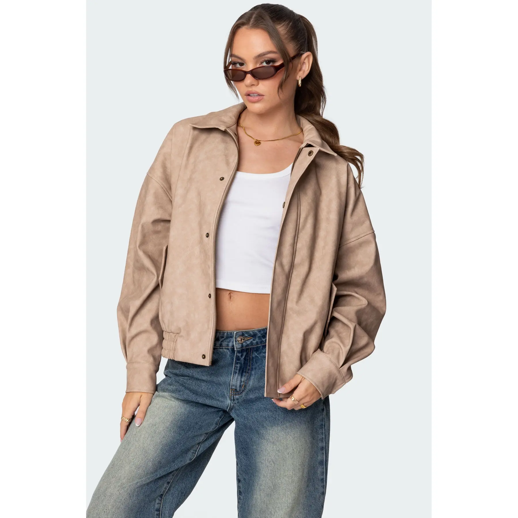 【JAREY】 BB FAUX LEATHER SHORT JACKET Jhichic Women's Faux Leather Textured Short Moto Jacket Zip-up
