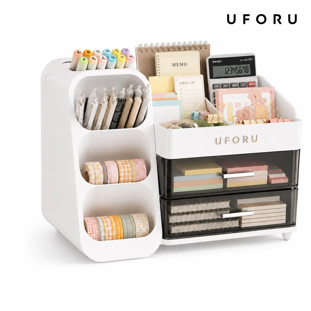 UFORU Desktop Organizer with Drawers - Large-Capacity Multi-Compartment Desk Storage Box for Pens, Markers, Notebooks, Sticky Notes, Office & School Supplies, Home Office Study Use